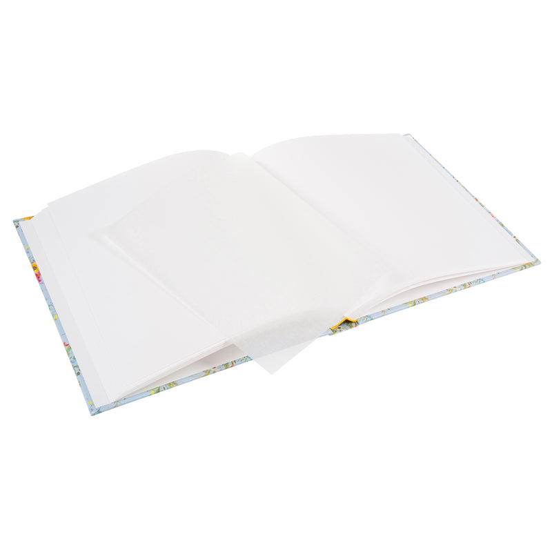 A Goldbuch photo album with a flower illustration on a light blue cover, showcasing its hardcover design and white pages.