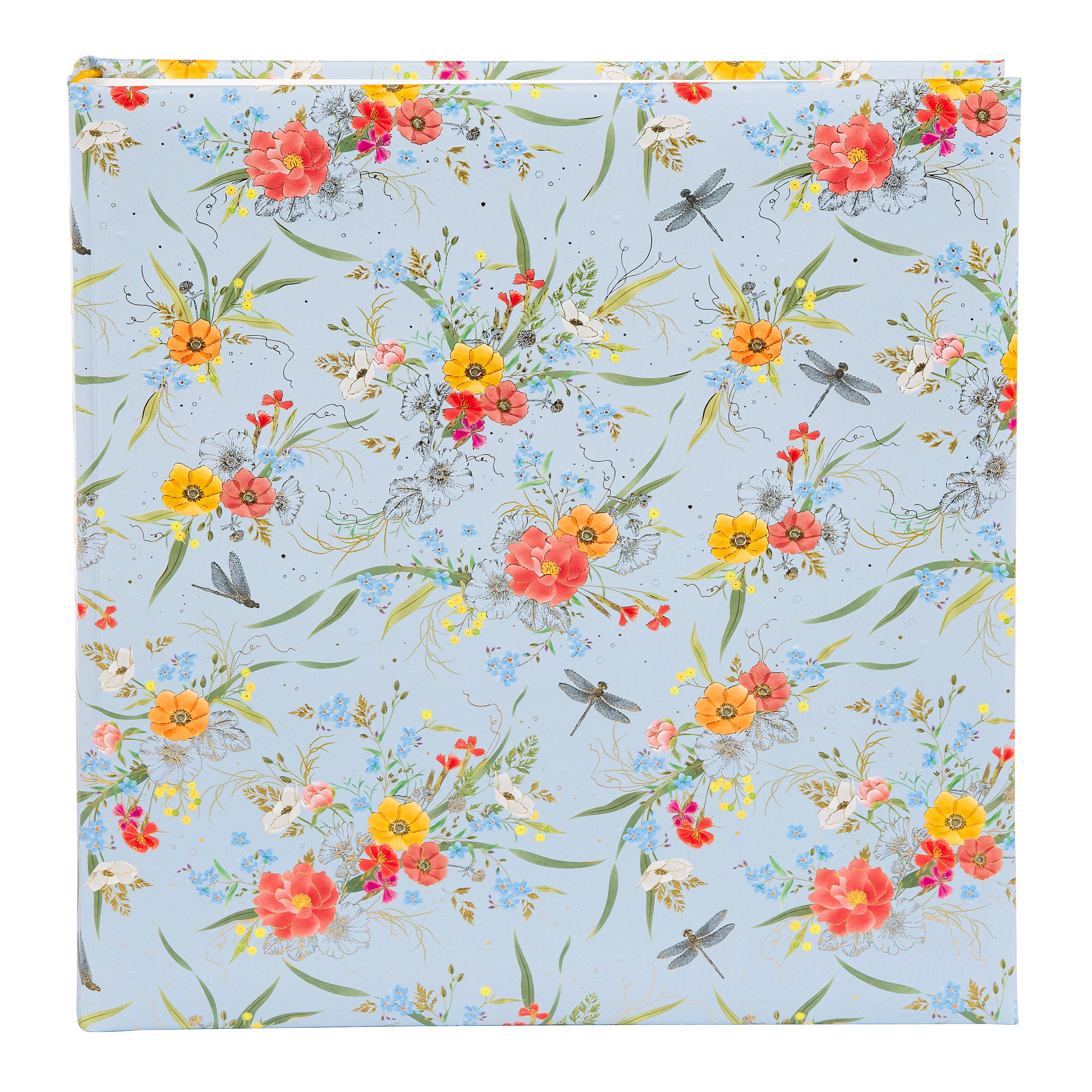 A Goldbuch photo album with a flower illustration on a light blue cover, showcasing its hardcover design and white pages.