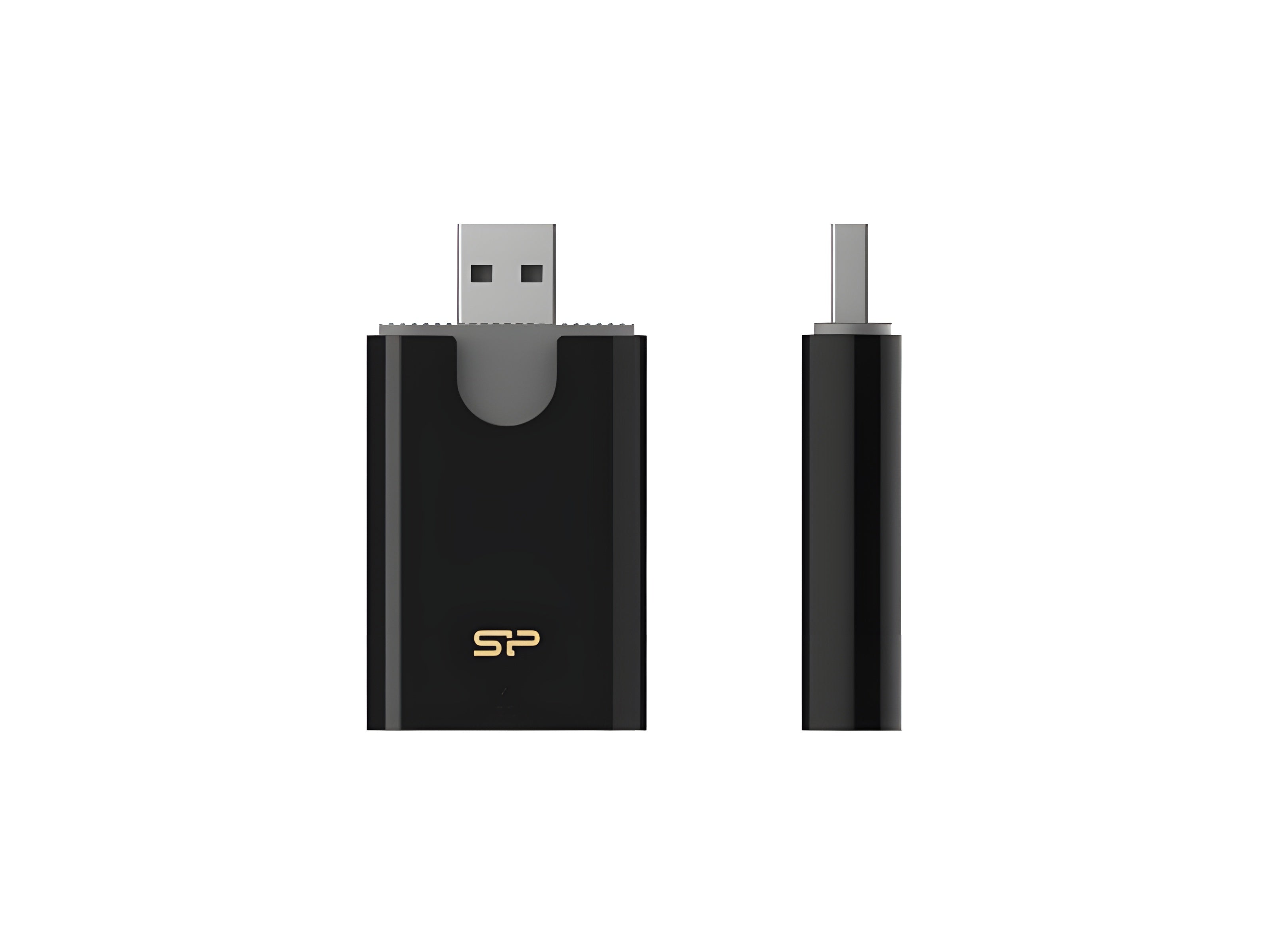 A sleek black Silicon Power Memory Card Reader with an elegant logo, for efficient data management.