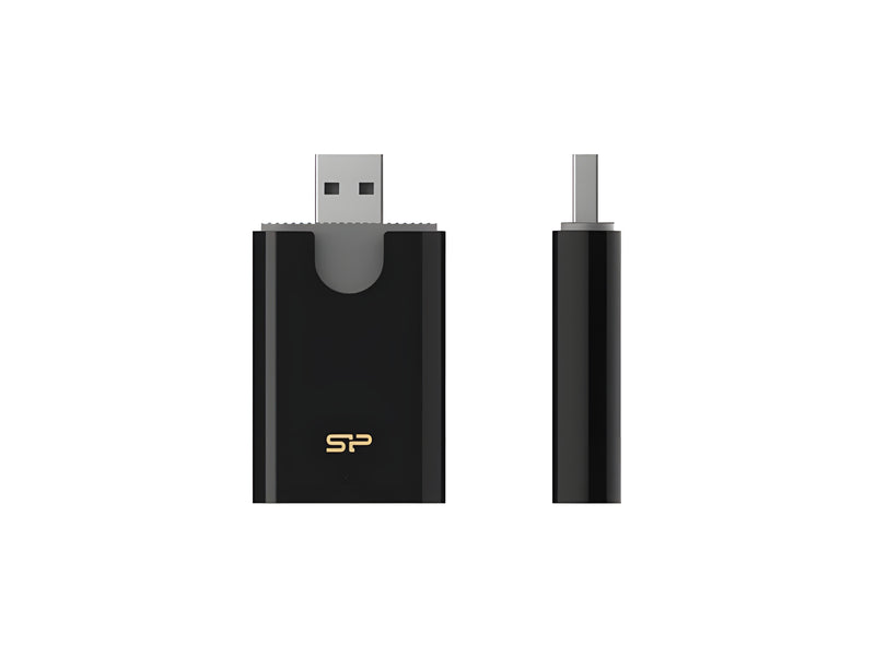 A sleek black Silicon Power Memory Card Reader with an elegant logo, for efficient data management.