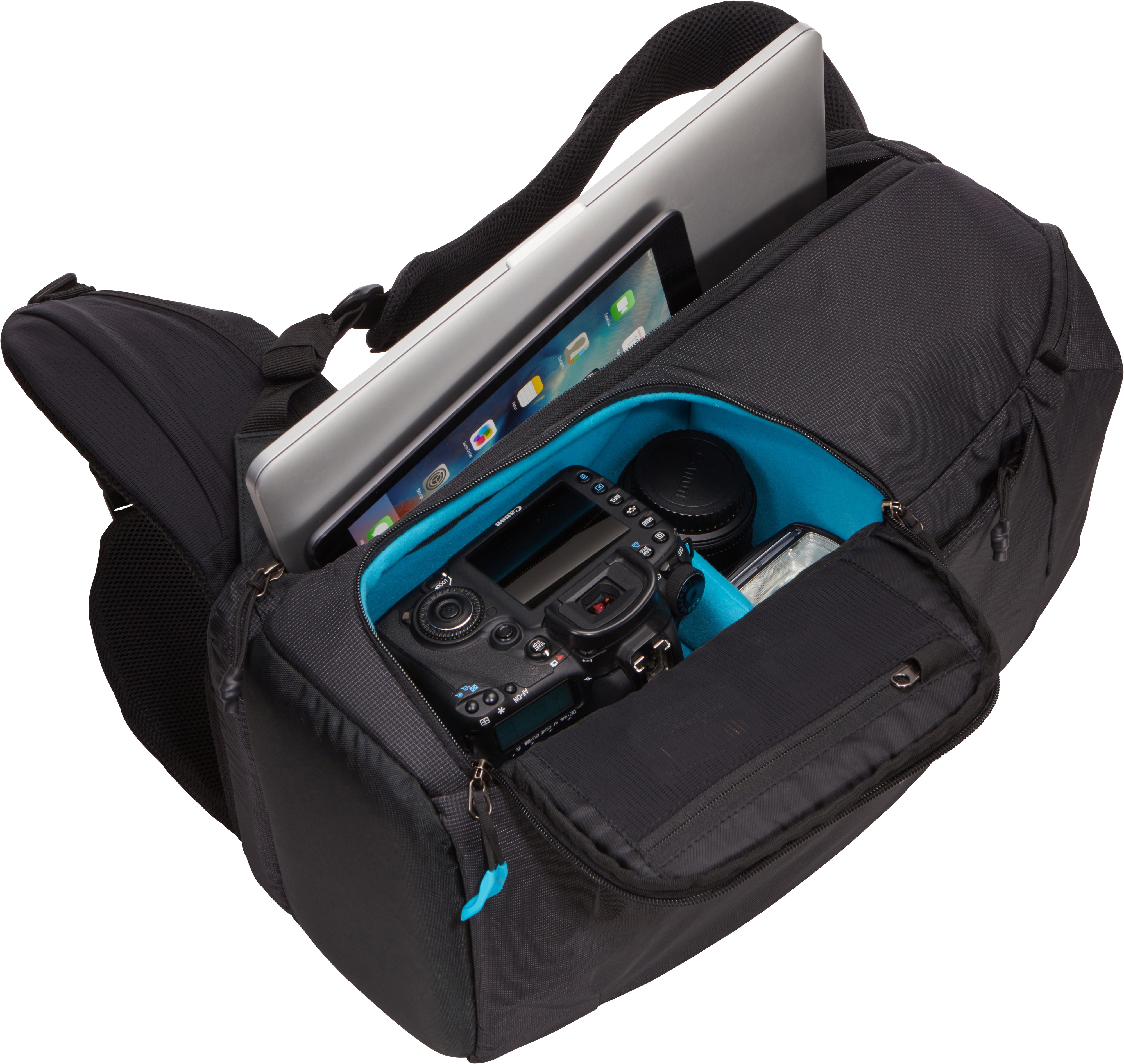 Versatile Thule DSLR camera backpack provides fully customizable storage, quick access to gear and a comfortable carry in any environment.