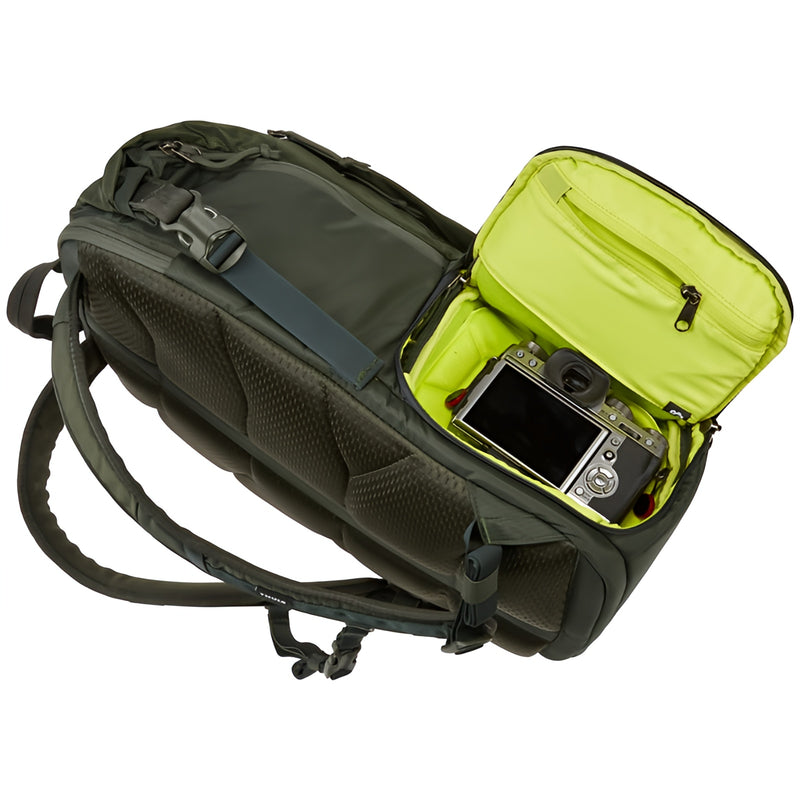 Versatile Dark Forest Thule EnRoute DSLR camera backpack provides fully customizable storage, quick access to gear and a comfortable carry in any environment.