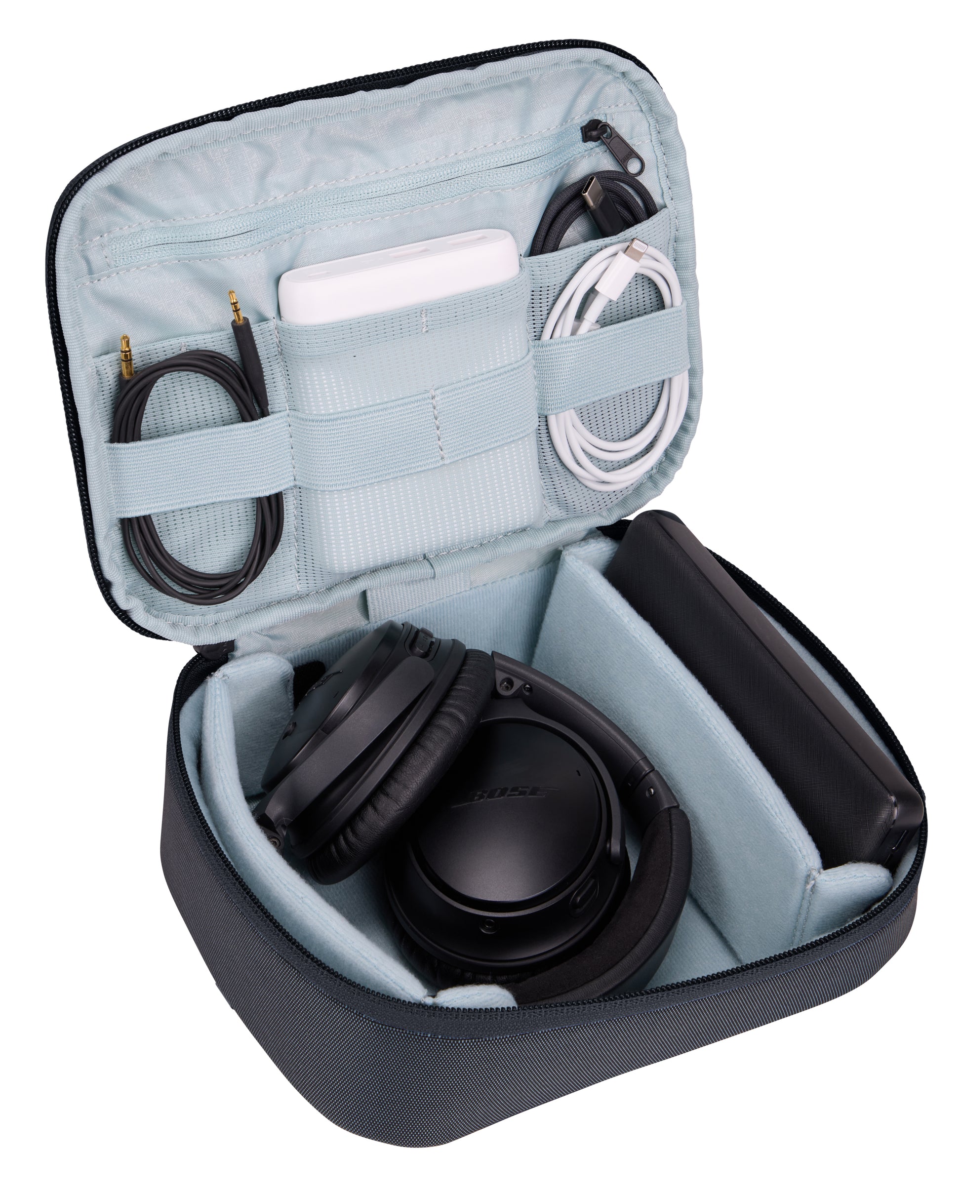 Versatile Thule PowerShuttle case, provides storage for chargers, cords, small electronics and other items, quick access to gear and a comfortable carry in any environment.