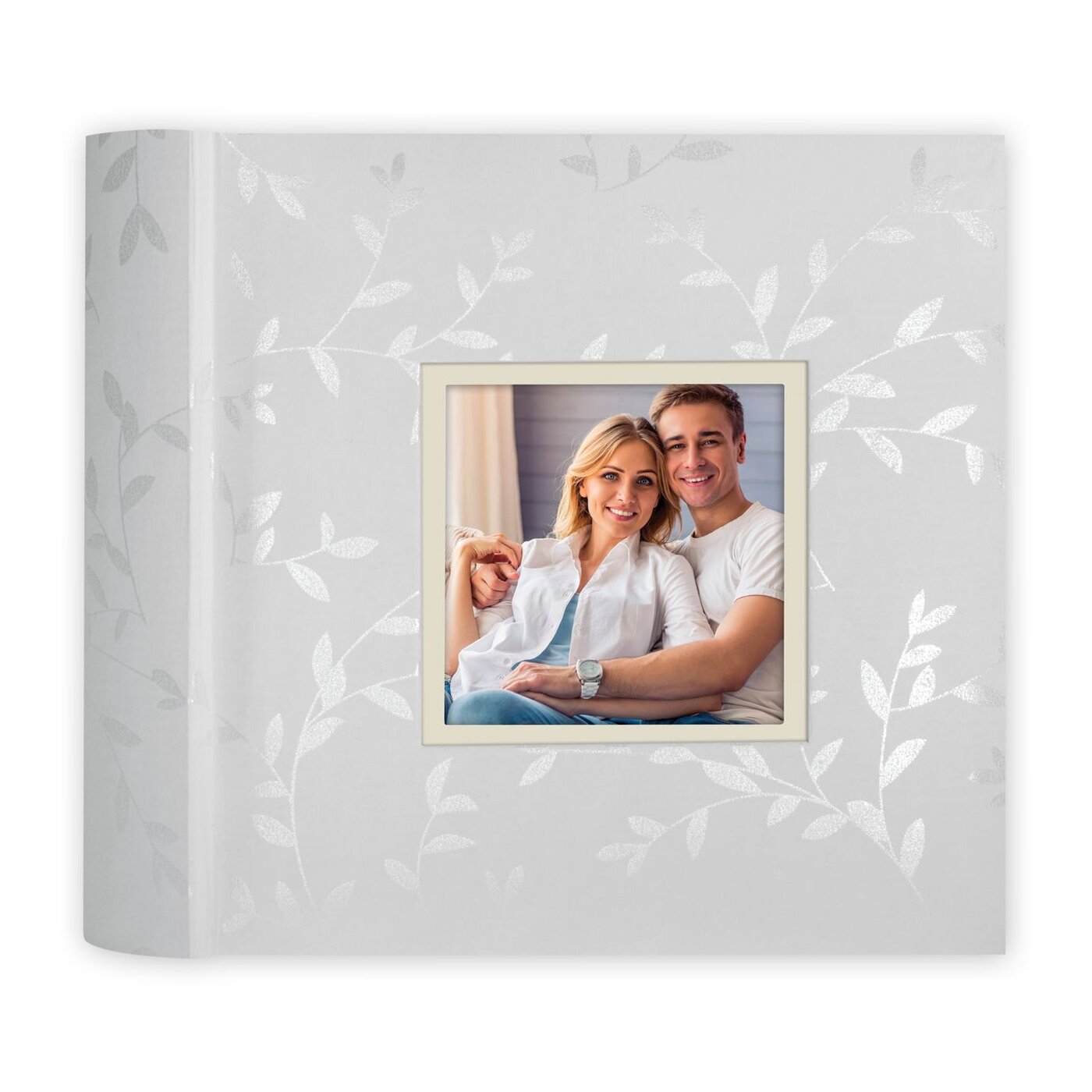 A white ZEP photo album adorned with an image of a couple, representing love and treasured memories.