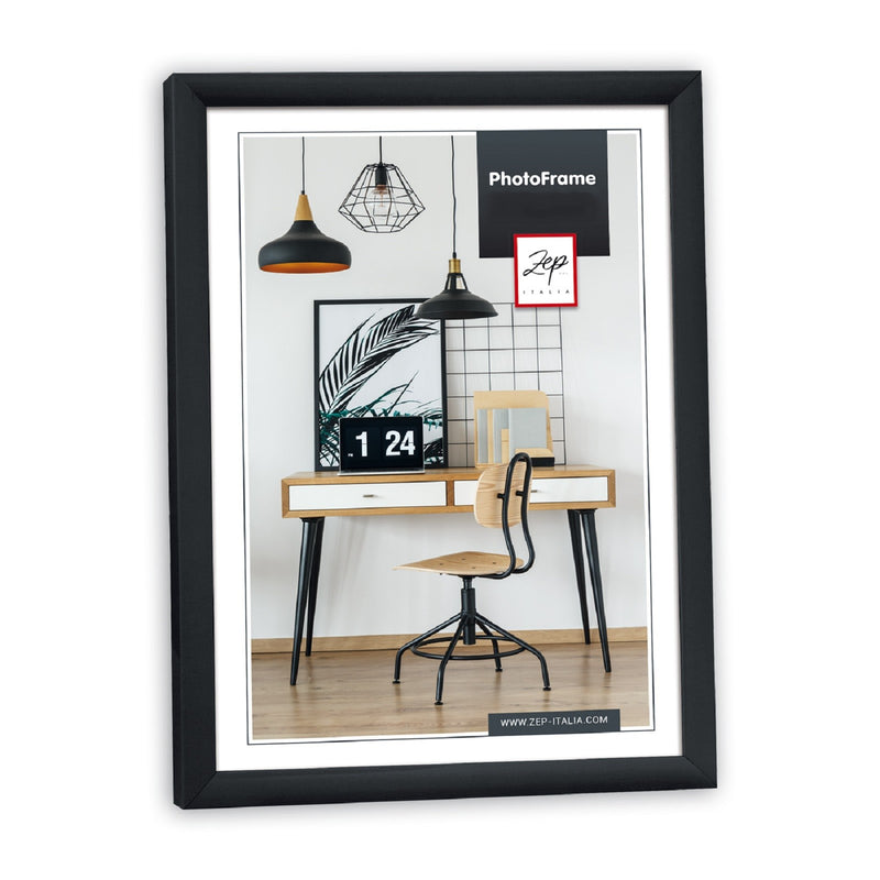 A black Zep basic photo frame showing a frame on a desk, accompanied by a chair, illustrating a neat and organized work area.