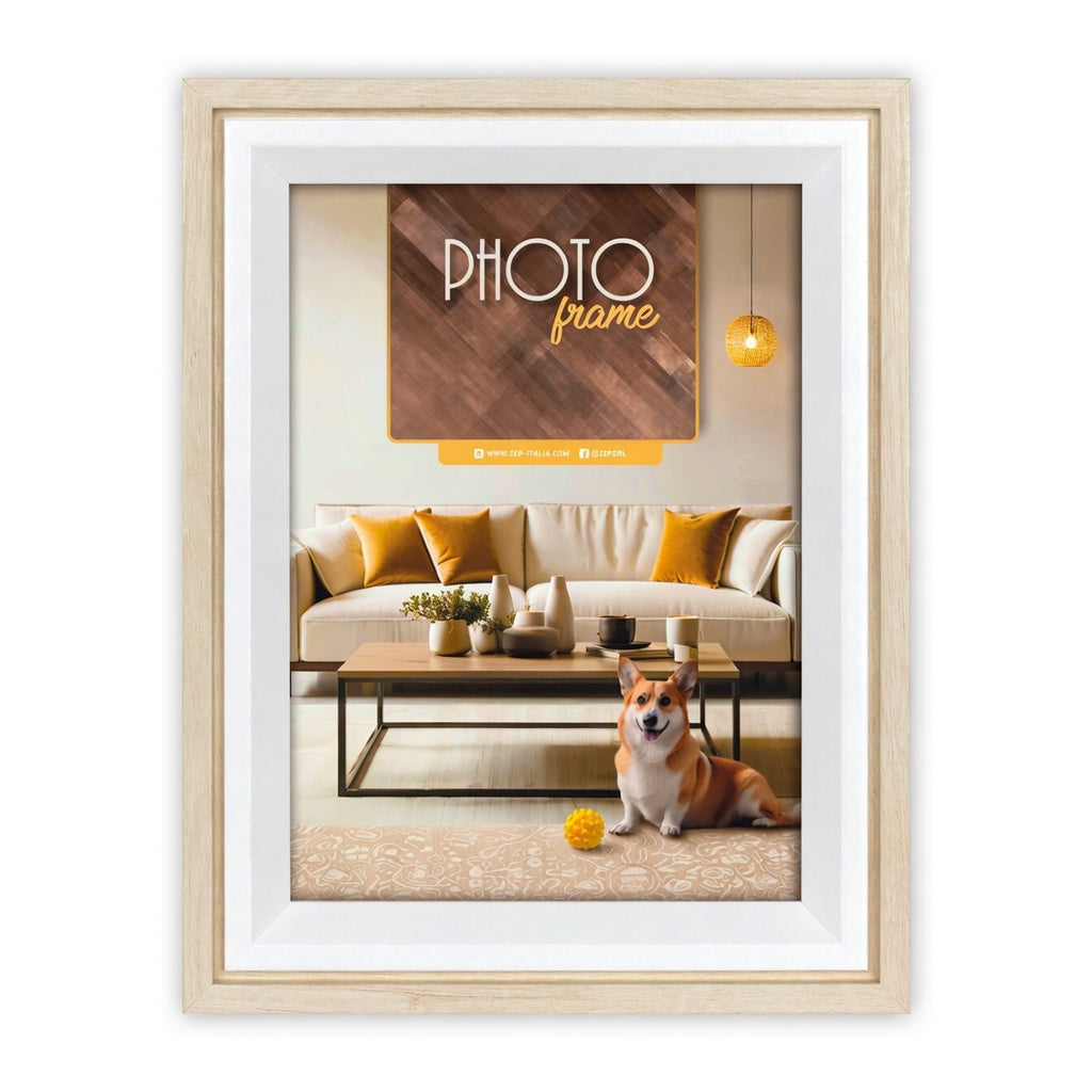 A light natural wood ZEP picture frame with a white mat, showcasing a mockup of a framed photo print. The inner photo features a cozy living room scene with a beige sofa, yellow pillows, a coffee table, and a corgi dog, with a mock text overlay reading 'PHOTO frame'.
