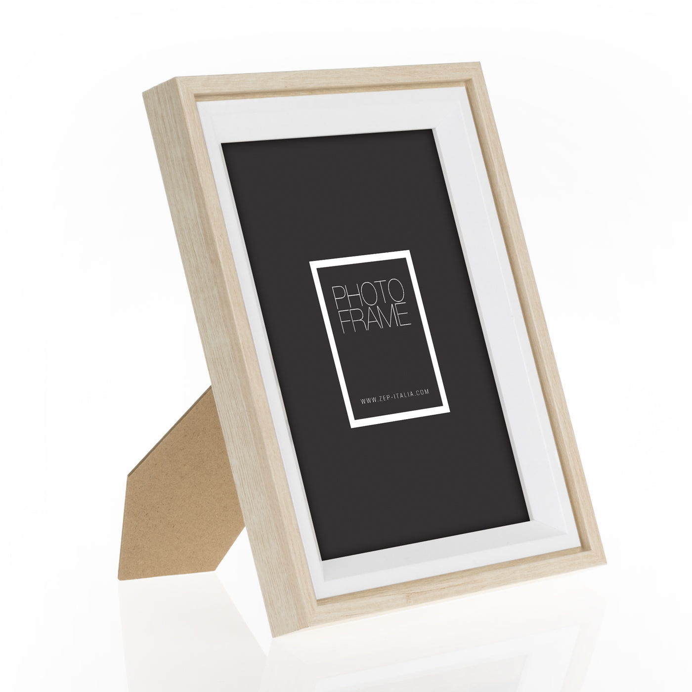 A light natural wood ZEP picture frame with a white mat, showcasing a mockup of a framed photo print. The inner photo features a cozy living room scene with a beige sofa, yellow pillows, a coffee table, and a corgi dog, with a mock text overlay reading 'PHOTO frame'.