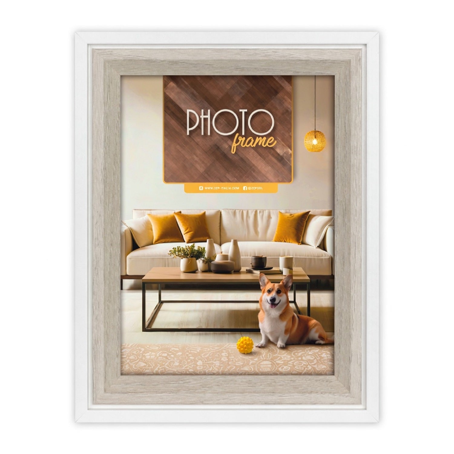 A white rectangular ZEP photo frame shown against a light gray background, containing a mock living room scene with a sofa, table, and a corgi dog. The frame itself is the product being sold, and the interior photo is a demonstration insert.