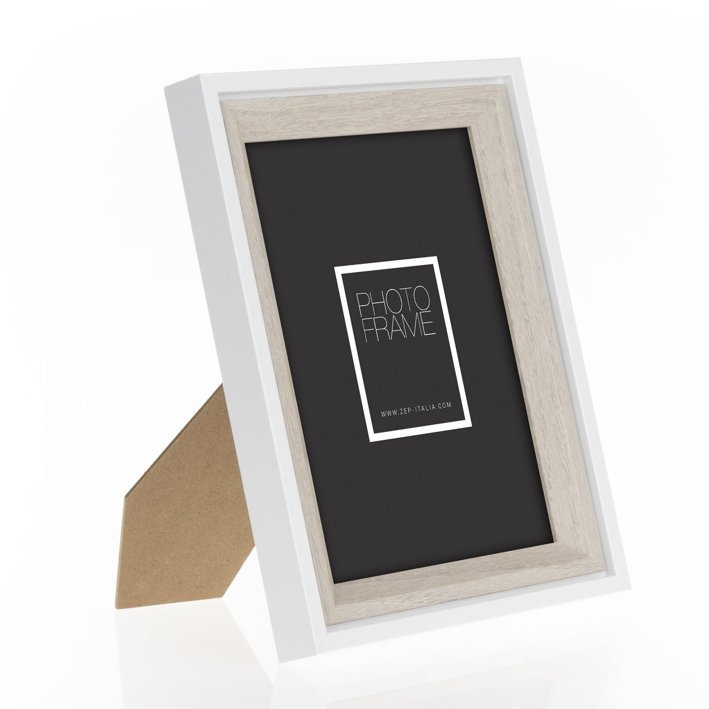 A white rectangular ZEP photo frame shown against a light gray background, containing a mock living room scene with a sofa, table, and a corgi dog. The frame itself is the product being sold, and the interior photo is a demonstration insert.