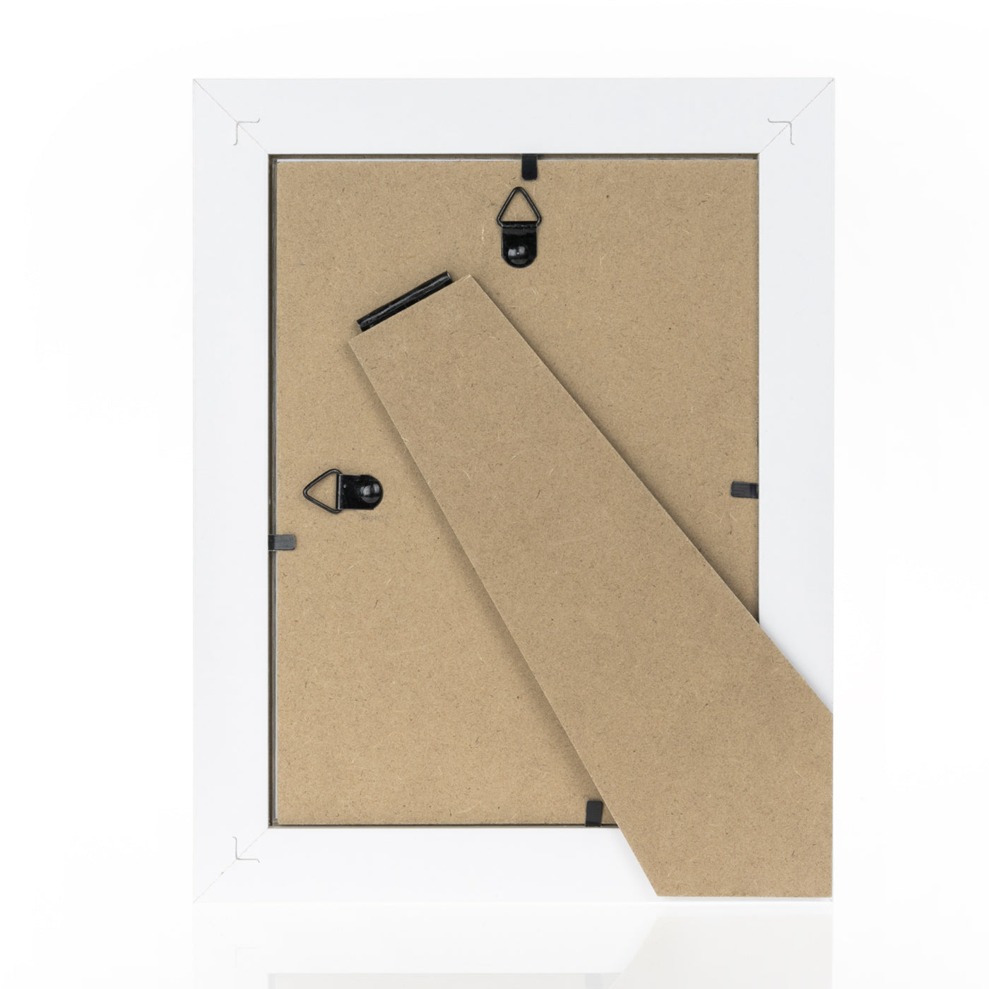 White ZEP picture frame with a brown mat and black clips on a white background