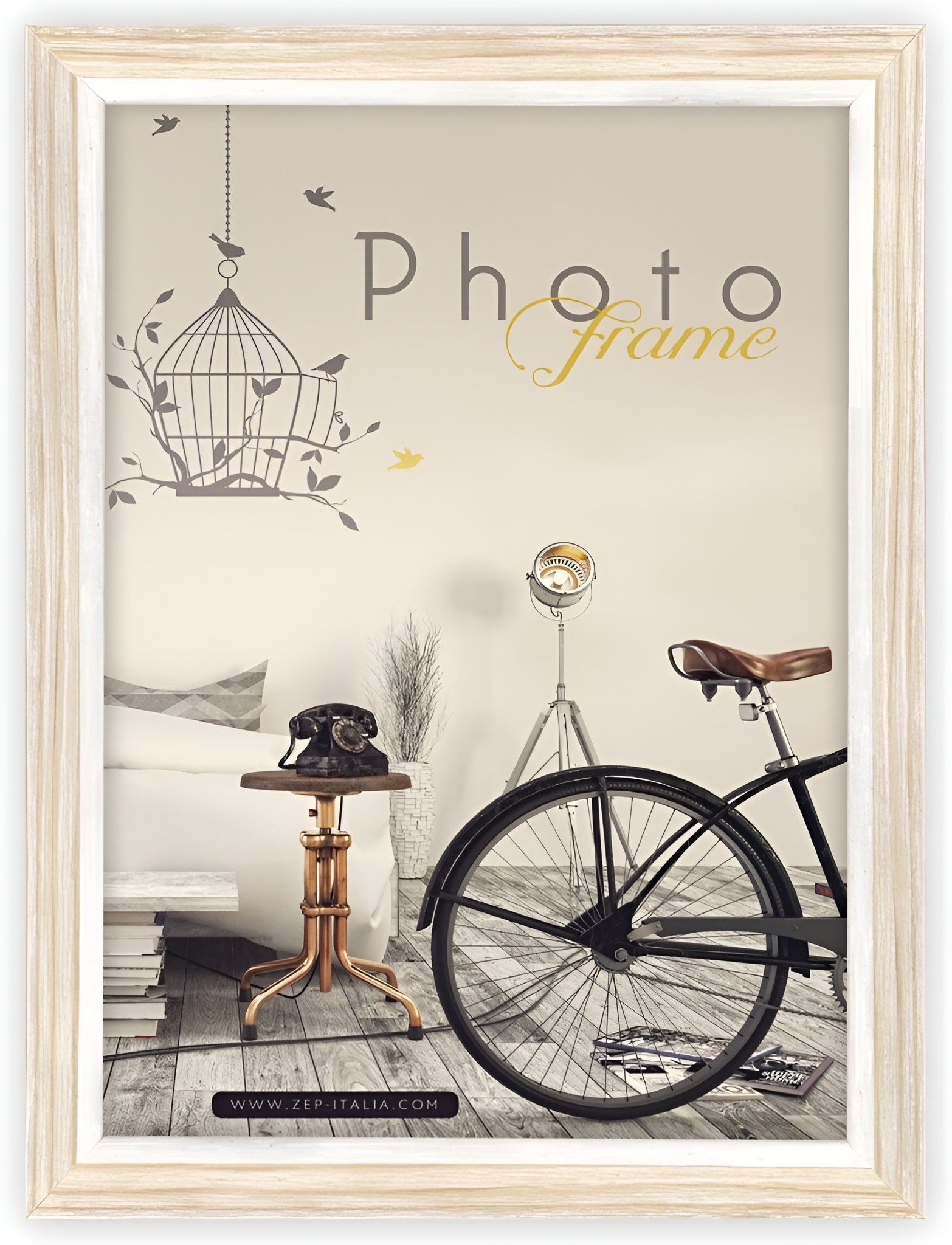 A natural ZEP photo frame showcasing a bicycle and a bird cage, combining elements of nature and nostalgia in a delightful arrangement.