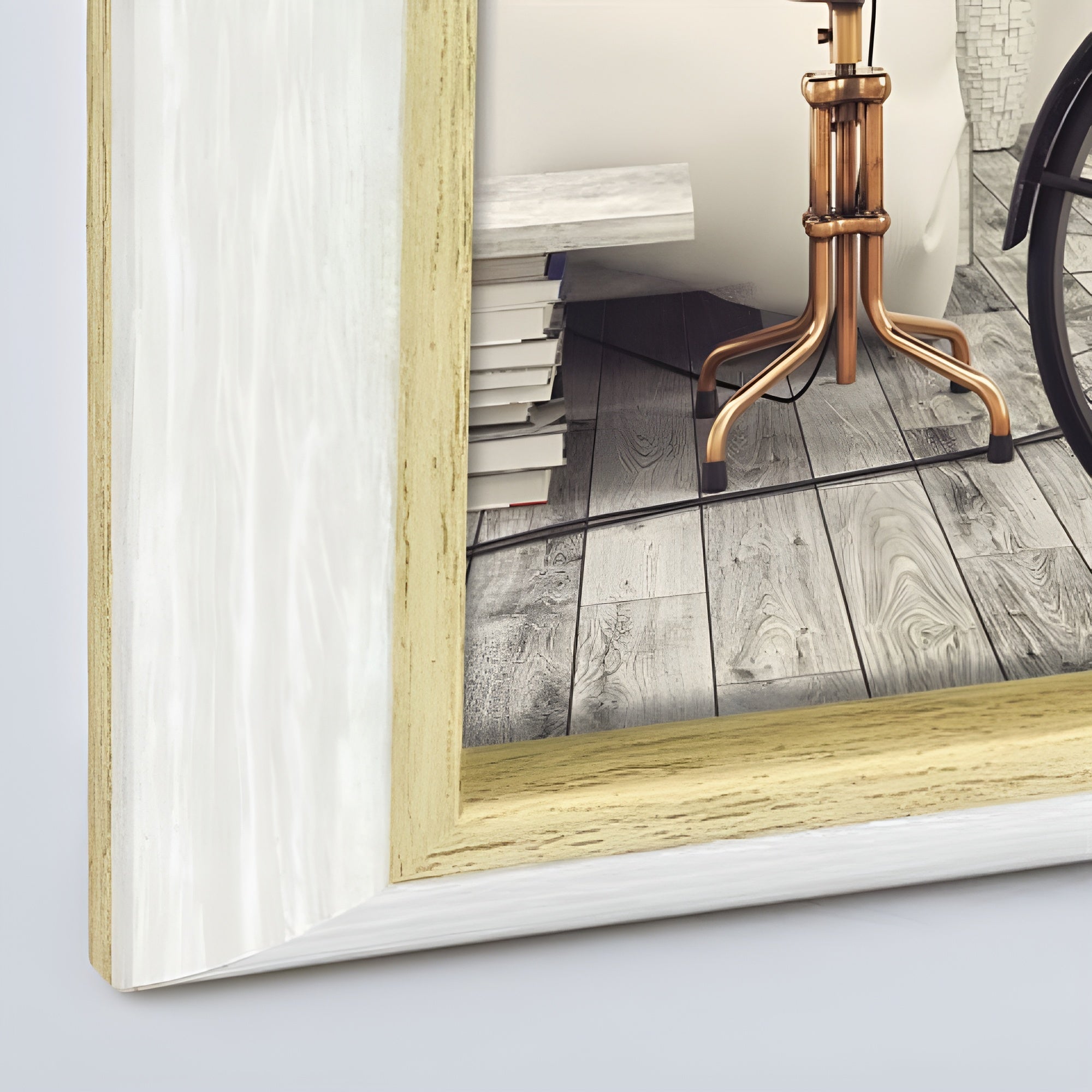 A white ZEP photo frame showcasing a bicycle and a bird cage, combining elements of nature and nostalgia in a delightful arrangement.