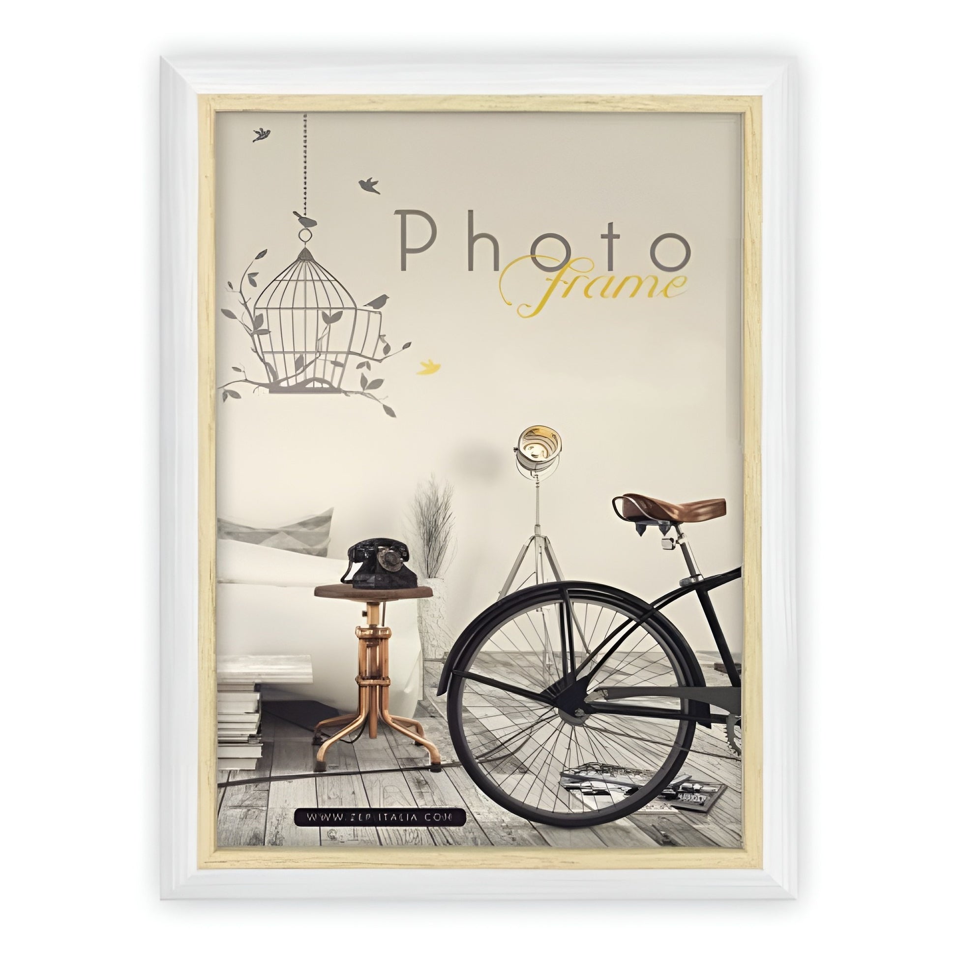 A white ZEP photo frame showcasing a bicycle and a bird cage, combining elements of nature and nostalgia in a delightful arrangement.