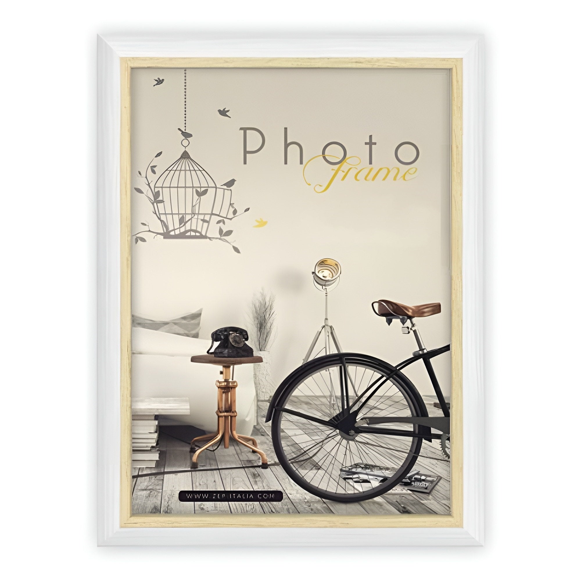 A white ZEP photo frame showcasing a bicycle and a bird cage, combining elements of nature and nostalgia in a delightful arrangement.