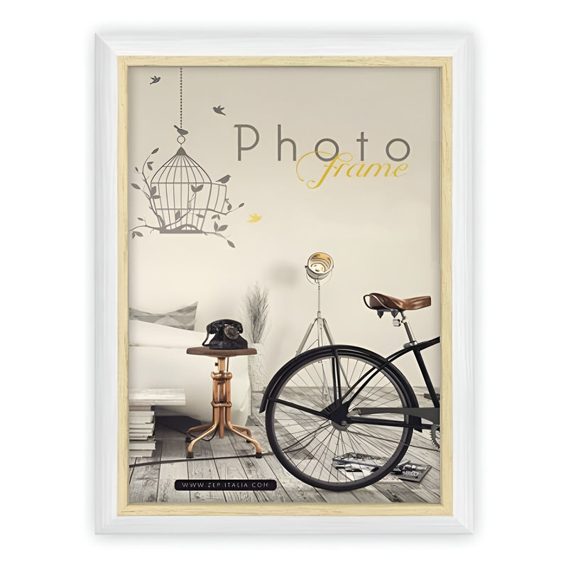 A white ZEP photo frame showcasing a bicycle and a bird cage, combining elements of nature and nostalgia in a delightful arrangement.