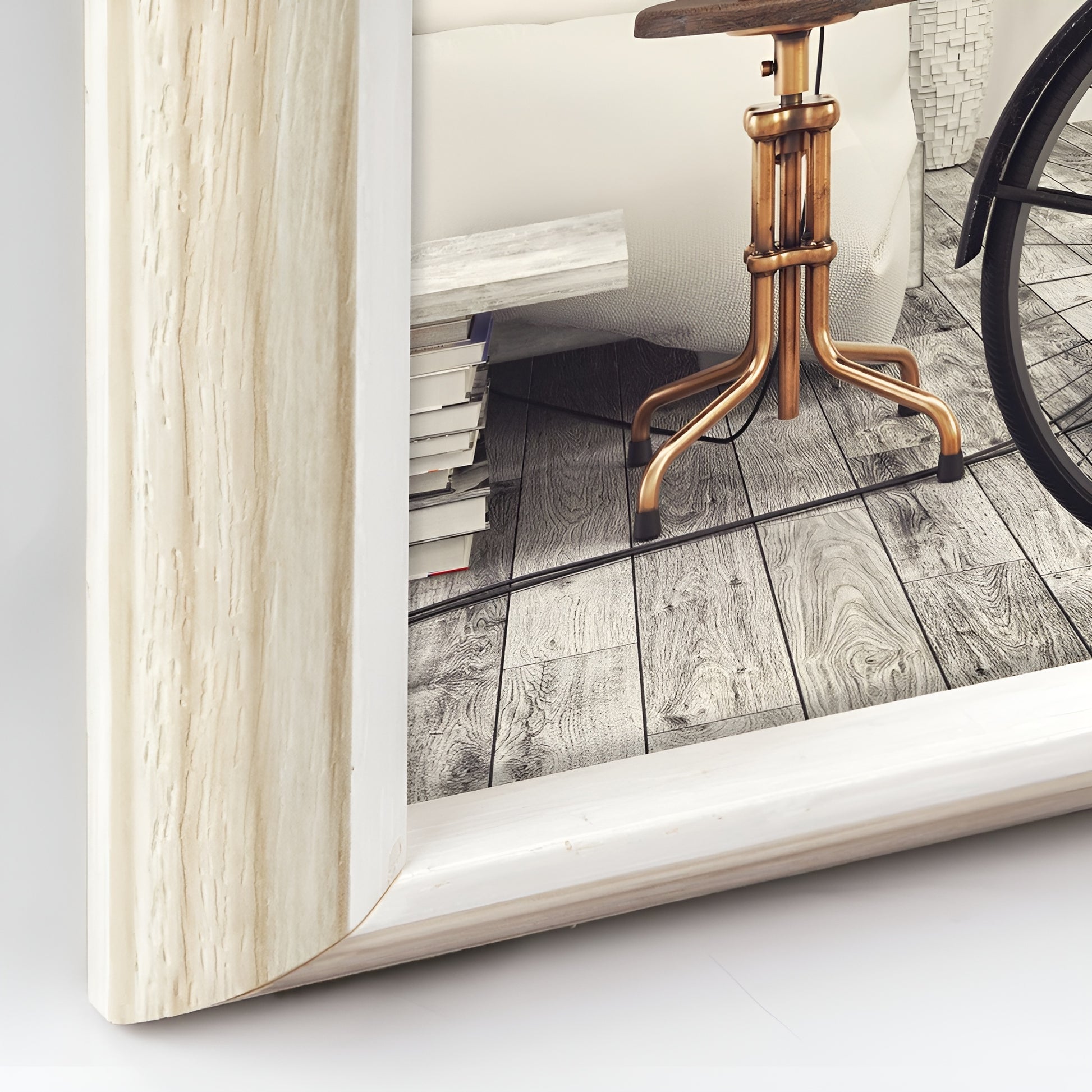 A natural ZEP photo frame showcasing a bicycle and a bird cage, combining elements of nature and nostalgia in a delightful arrangement.