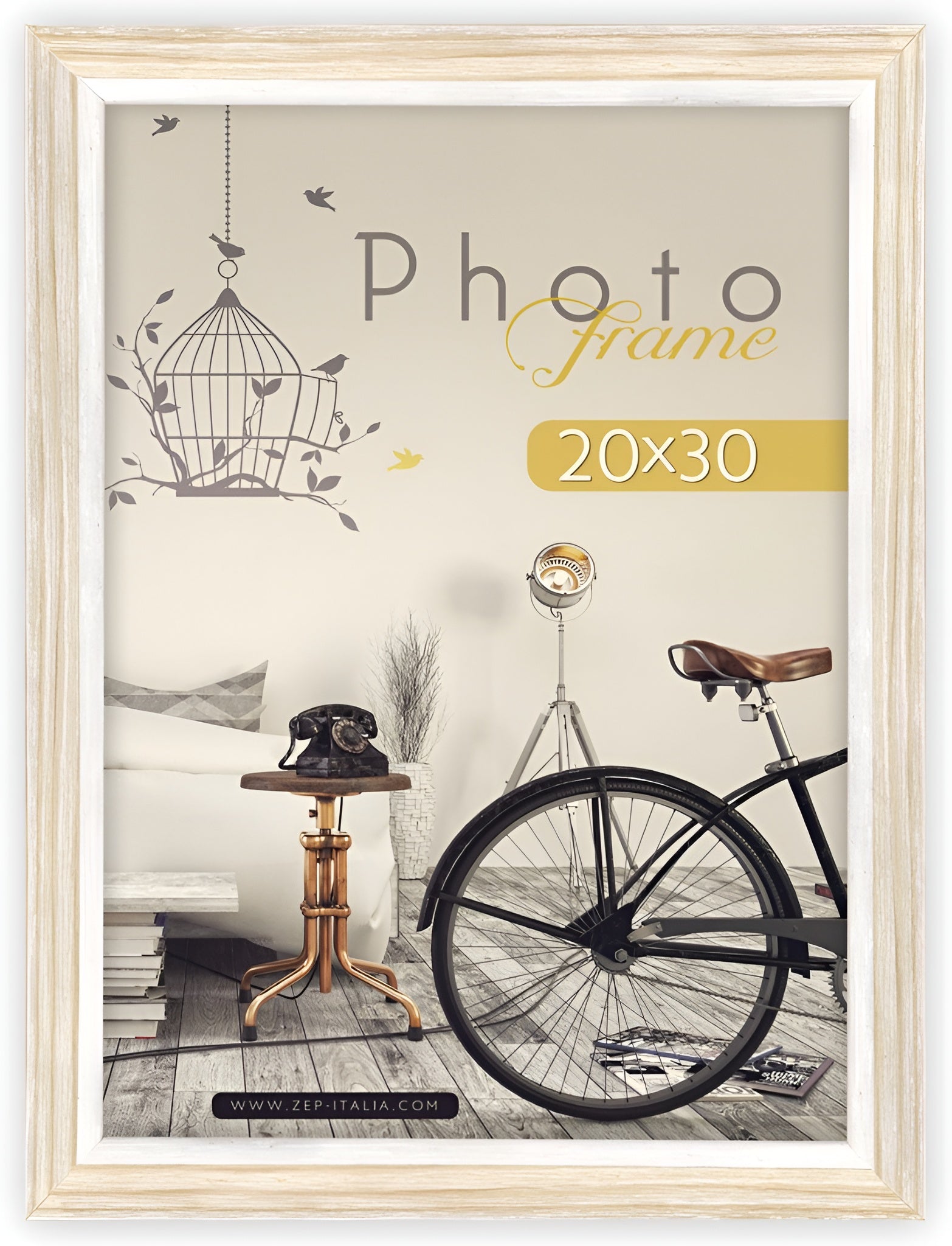 A natural ZEP photo frame showcasing a bicycle and a bird cage, combining elements of nature and nostalgia in a delightful arrangement.