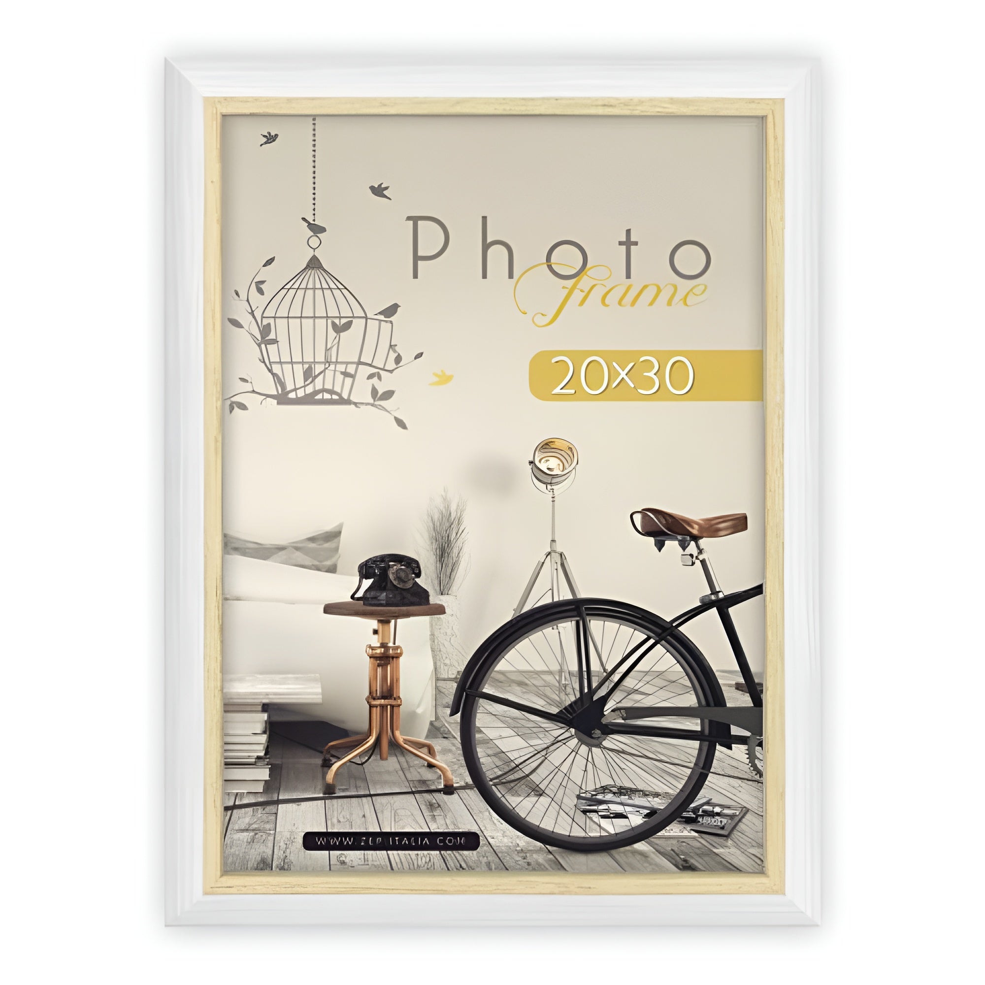 A white ZEP photo frame showcasing a bicycle and a bird cage, combining elements of nature and nostalgia in a delightful arrangement.
