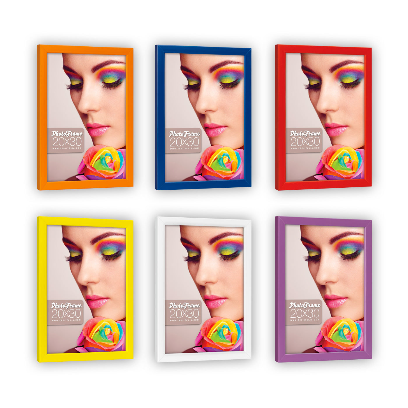 Set of six colorful ZEP photo frames with a woman's face and rainbow rose on a white background.