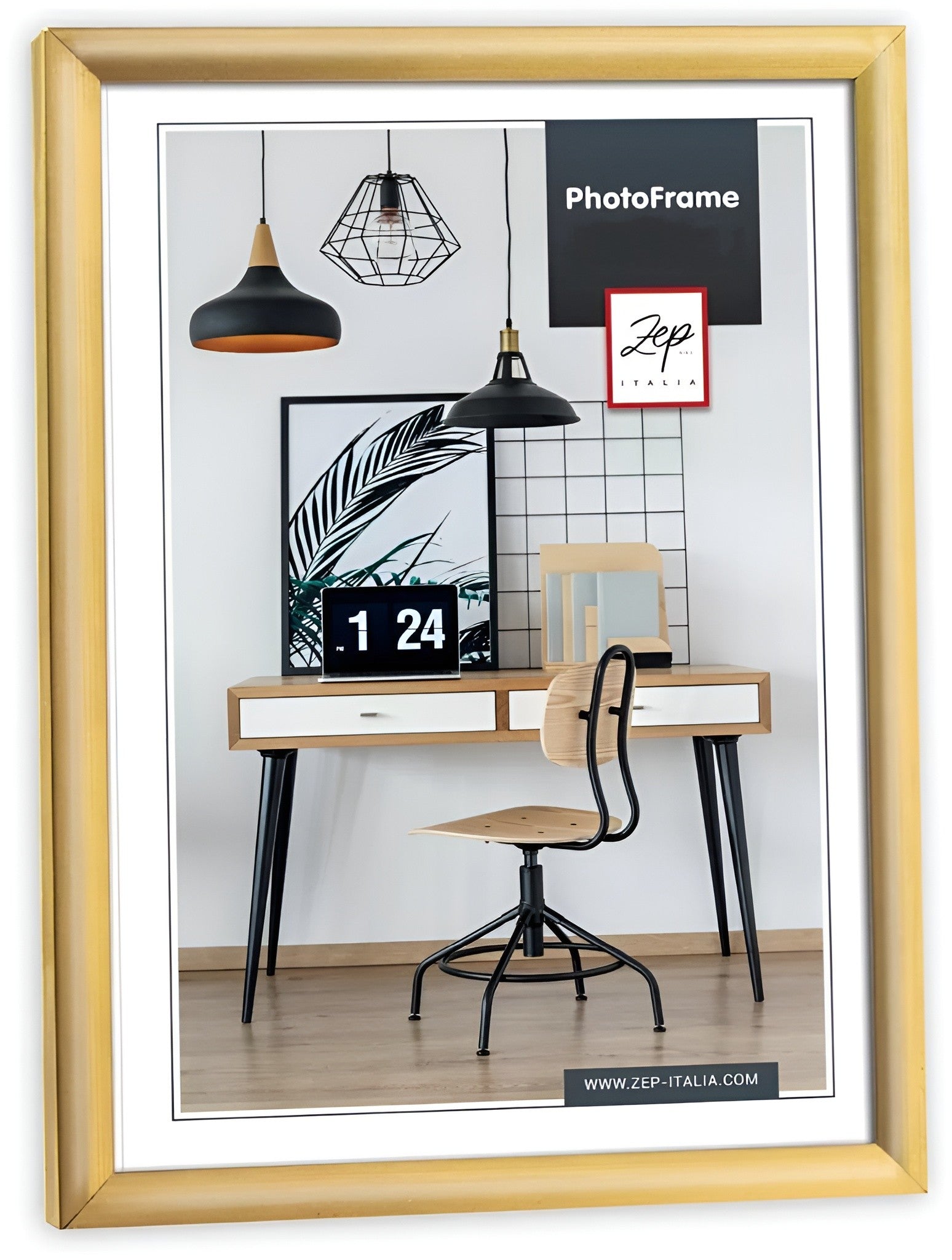 Gold Zep photo frame showing a frame on a desk, accompanied by a chair, illustrating a neat and organized work area.
