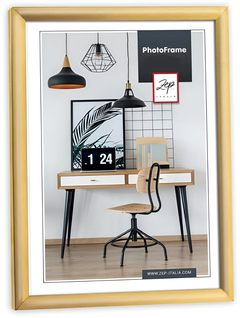 Gold Zep photo frame showing a frame on a desk, accompanied by a chair, illustrating a neat and organized work area.