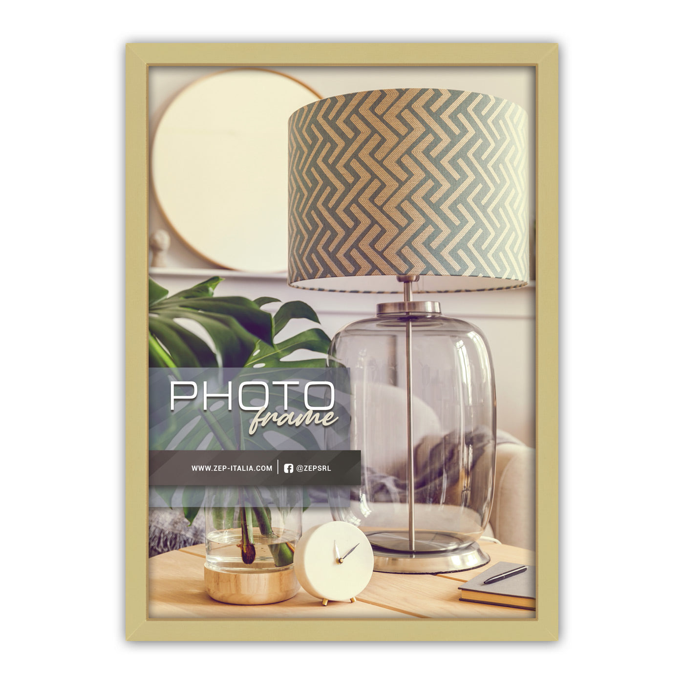 Decorative ZEP photo frame with a lamp and plant design on a white background