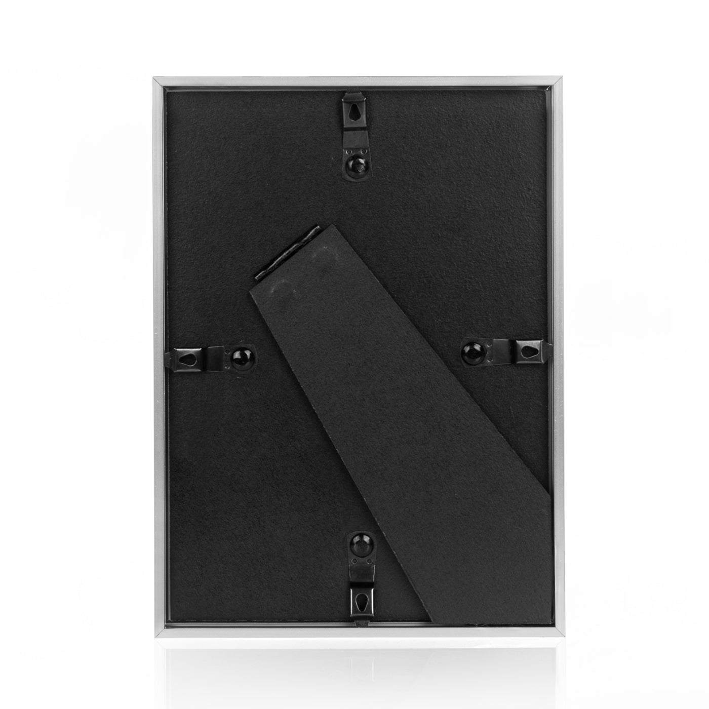 Black background of a ZEP photo frame with mounting hardware on a white background