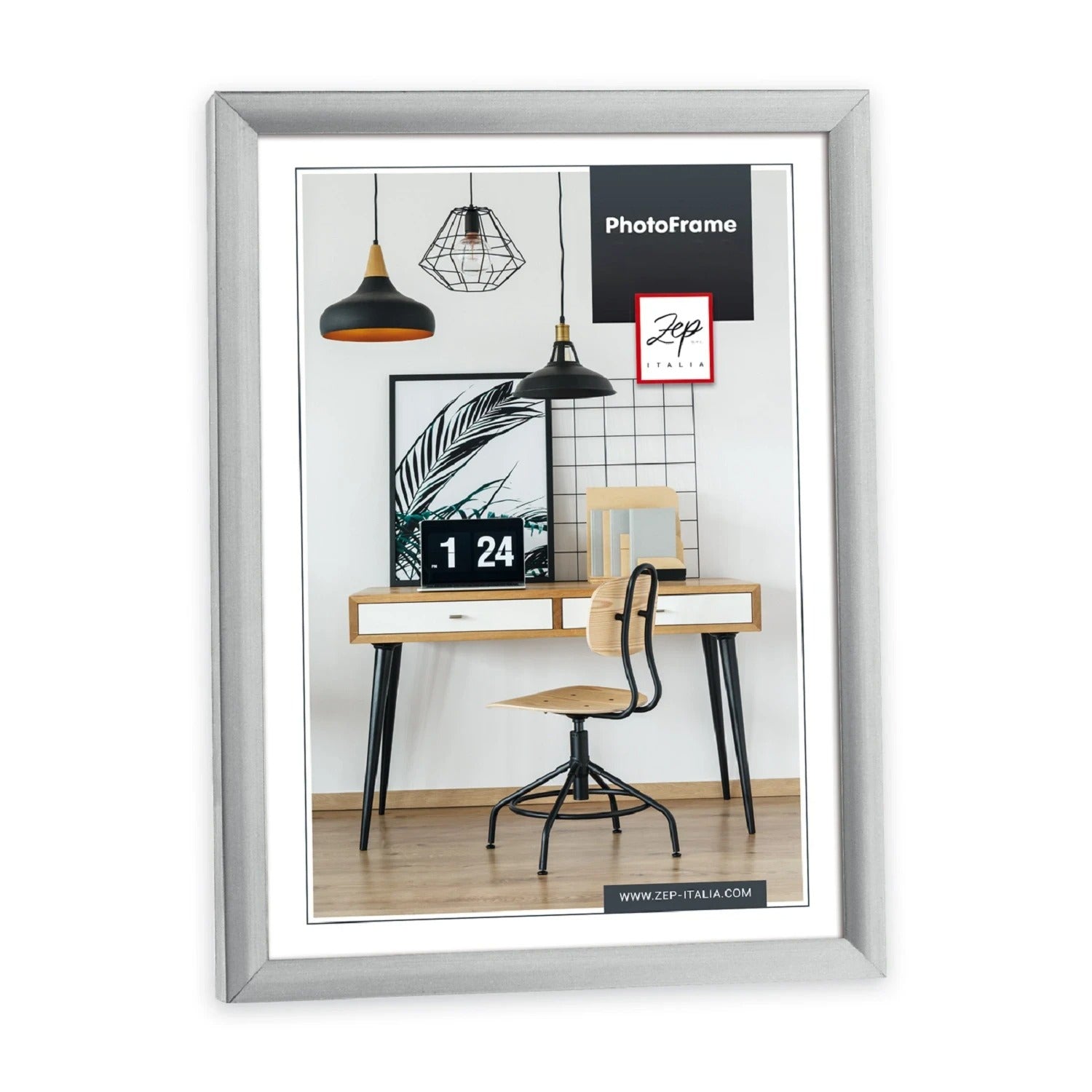 A silver Zep basic photo frame showing a frame on a desk, accompanied by a chair, illustrating a neat and organized work area.