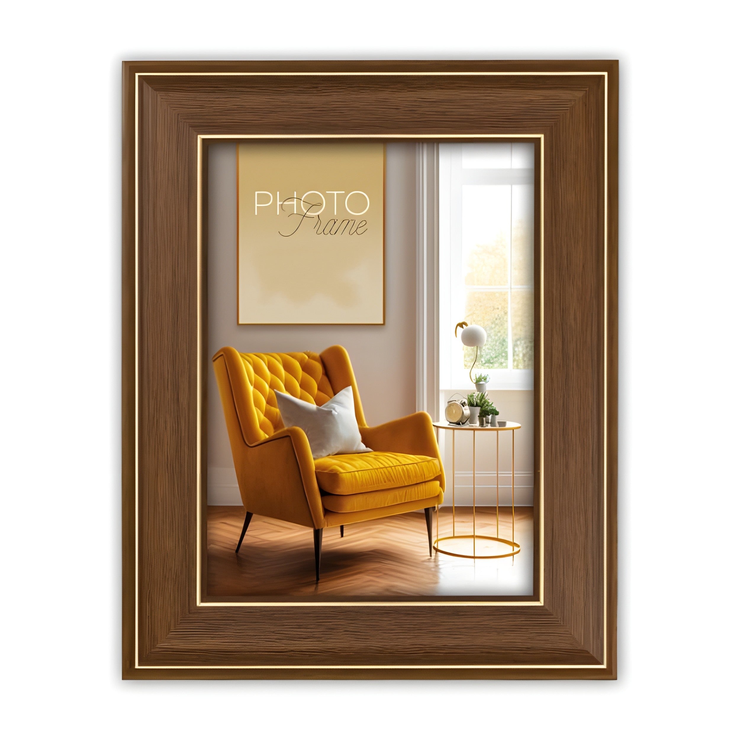 An elegant brown ZEP photo frame featuring a yellow chair, wooden frame, combining a cheerful hue with the warmth of natural wood for a stylish look.