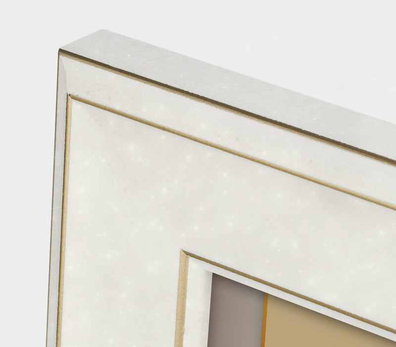 An elegant white ZEP photo frame featuring a yellow chair, wooden frame, combining a cheerful hue with the warmth of natural wood for a stylish look.