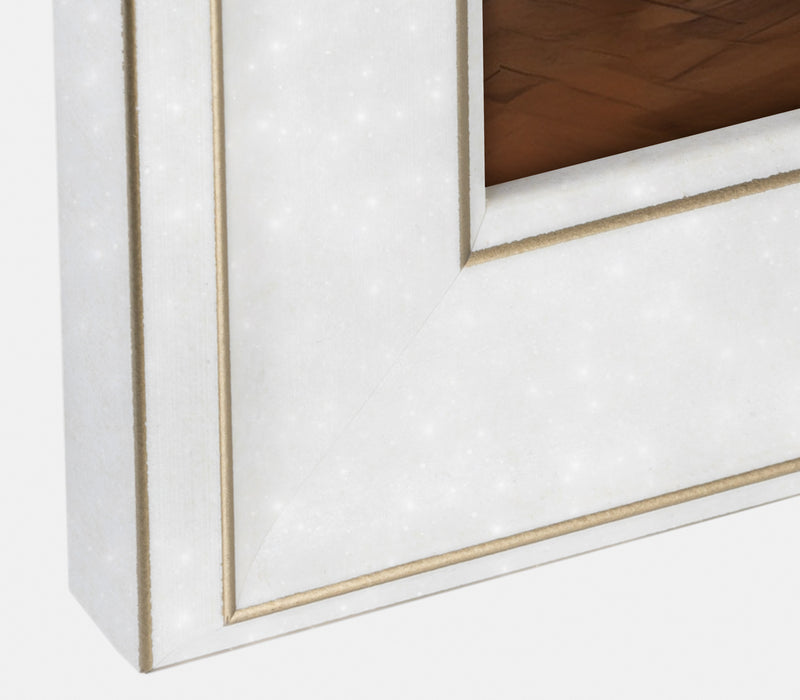 An elegant white ZEP photo frame featuring a yellow chair, wooden frame, combining a cheerful hue with the warmth of natural wood for a stylish look.