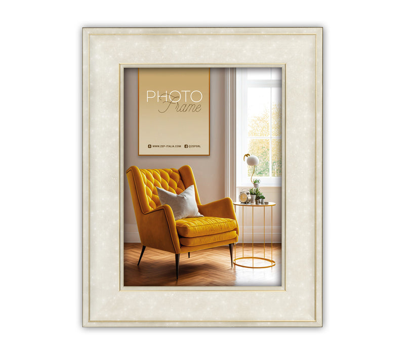 An elegant white ZEP photo frame featuring a yellow chair, wooden frame, combining a cheerful hue with the warmth of natural wood for a stylish look.